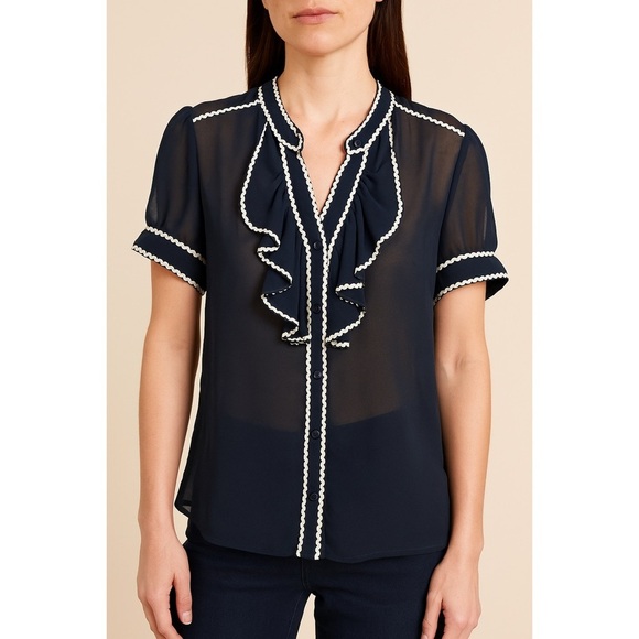 The Shirt by Rochelle Behrens Blue Ruffled Trimmed Sheer Short Sleeve Blouse - Picture 1 of 8